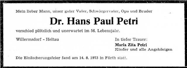 Petri Hans Paul 1917-1973 Todesanzeige